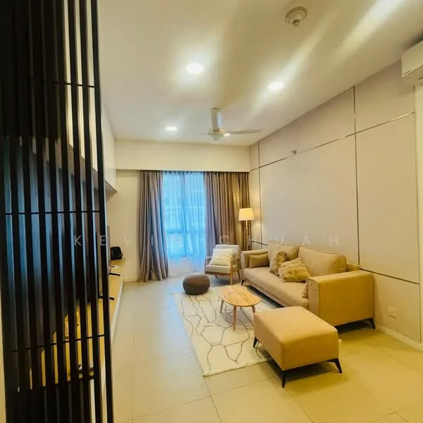 Living features: 3-seater fabric sofa in beige, armchair in beige, coffee table with wooden top, area rug with geometric pattern, floor-to-ceiling windows, sheer curtains, recessed LED downlights, ceiling fan, TV console, wall-mounted TV, decorative wall paneling, light-colored walls, tile flooring; style: modern; view: city.