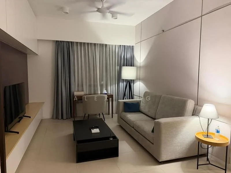 Living features: 3-seater fabric sofa in light grey, coffee table in black, TV console with wall-mounted TV, floor lamp, desk with chair, curtains in grey, ceiling fan with light, wall-mounted shelving, light-colored walls, tile flooring; style: modern.