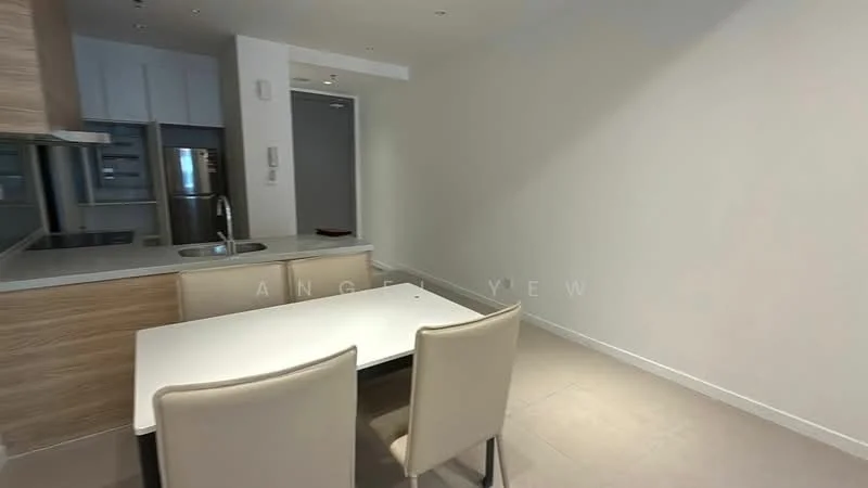 Dining features: white dining table, 4 upholstered dining chairs in beige, light grey tiled flooring, white painted walls, kitchenette with wooden cabinetry, stainless-steel fridge, built-in oven, countertop with sink; style: modern.
