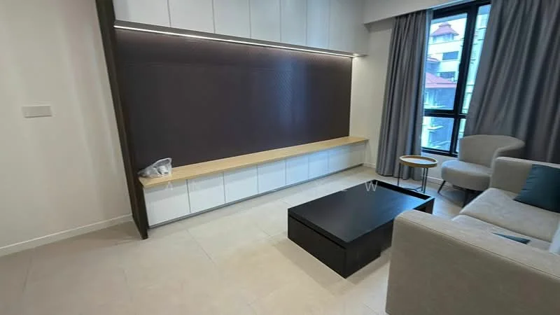 Living features: light grey fabric sofa, black coffee table, wooden TV console with storage, white cabinetry, grey accent wall, large window with city view, curtains, light-colored tiled flooring, decorative side table; style: modern; view: city.