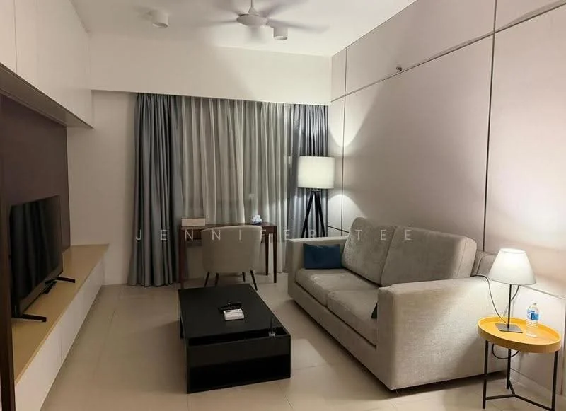 Living features: 3-seater fabric sofa in light grey, black coffee table, TV console with wall-mounted TV, floor lamp, side table with lamp, curtains in light grey, ceiling fan with light, light-colored wall with paneling, neutral tile flooring; style: modern.