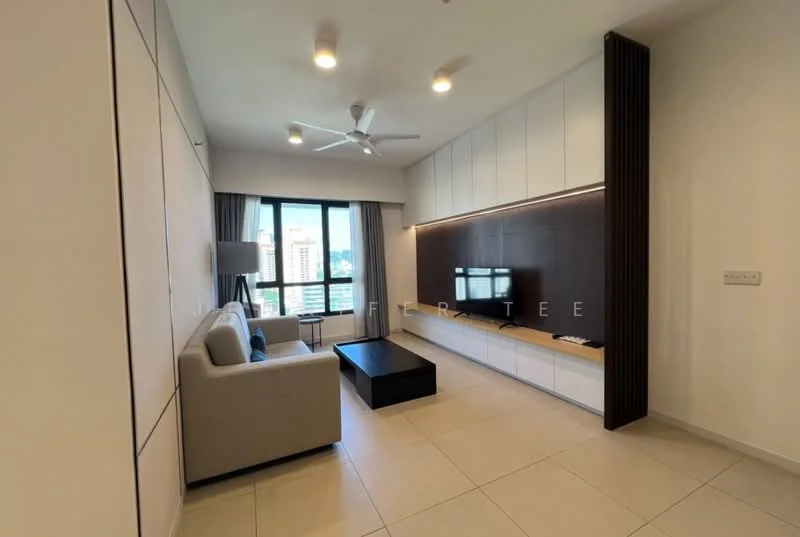 Living features: 3-seater fabric sofa in light grey, coffee table in black, wall-mounted TV, TV console with storage, white cabinetry with horizontal panels, dark wood accent wall, ceiling fan with integrated light, floor-to-ceiling windows, curtains in light grey, neutral tile flooring; style: modern; view: city.