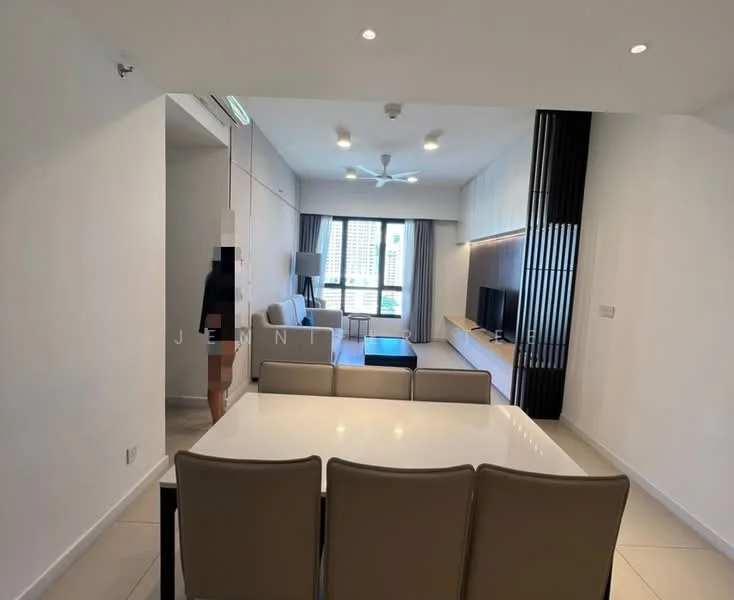 Living features: floor-to-ceiling windows, 3-blade ceiling fan with light, wall-mounted TV, entertainment unit, light-colored walls, tile flooring, sofa, coffee table, decorative wall paneling, curtains, open layout, dining table with chairs; style: modern; view: city.