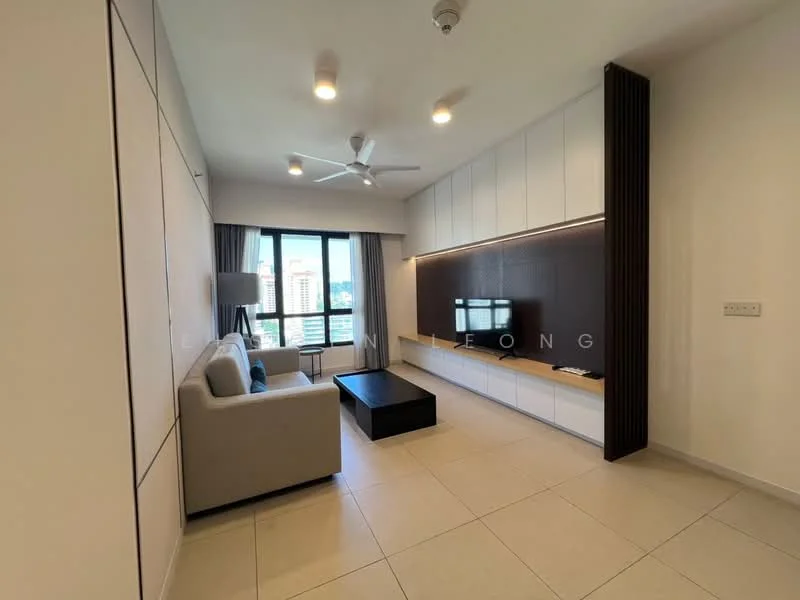 Living features: 3-seater fabric sofa in light grey, coffee table, wall-mounted TV, TV console with storage, floor-to-ceiling windows, city view, ceiling fan with light, recessed downlights, cream painted walls, light-coloured tile flooring, built-in cabinetry, decorative wall paneling; style: modern; view: city.