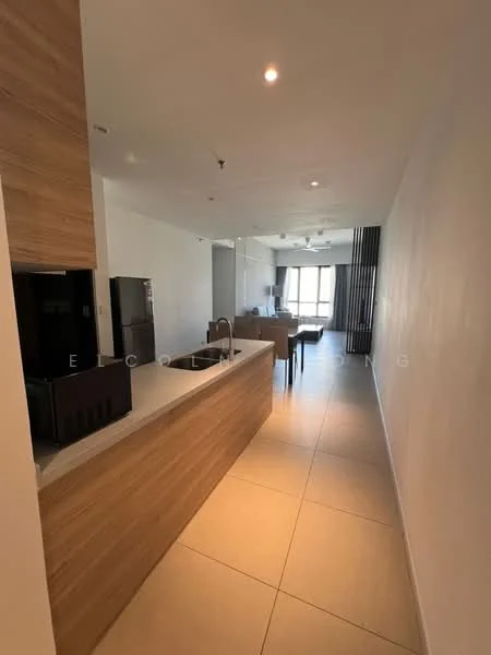 Kitchen features: light wood cabinetry, white countertop, stainless-steel sink, chrome pull-down faucet, built-in refrigerator, open layout, tile flooring, recessed downlights; style: modern. Living features: floor-to-ceiling windows, sofa, dining table, ceiling fan, light-colored walls, decorative curtains; style: modern.