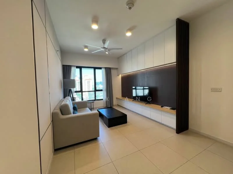 Living features: 3-seater fabric sofa in light grey, coffee table, wall-mounted TV, TV console with storage, floor-to-ceiling windows, curtains, ceiling fan with light, recessed downlights, cream painted walls, light-colored tiled flooring, decorative wall paneling; style: modern; view: city.