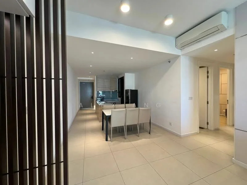 Dining features: 6-seater dining table, upholstered dining chairs, white painted walls, tile flooring, recessed downlights, air conditioning unit, open layout, adjacent kitchen area; style: modern. Room features: white painted walls, tile flooring, recessed downlights, air conditioning unit.