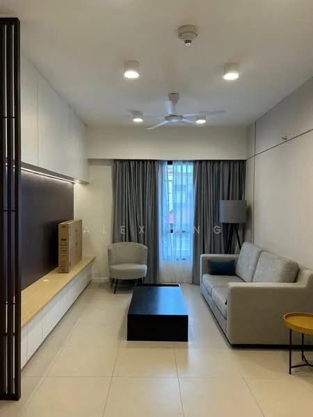 Living features: light grey fabric sofa, black rectangular coffee table, wall-mounted TV console, flat-screen TV, recessed LED downlights, 5-blade ceiling fan, floor-to-ceiling windows, sheer curtains, grey curtains, cream tiled flooring, wooden accent wall; style: modern.