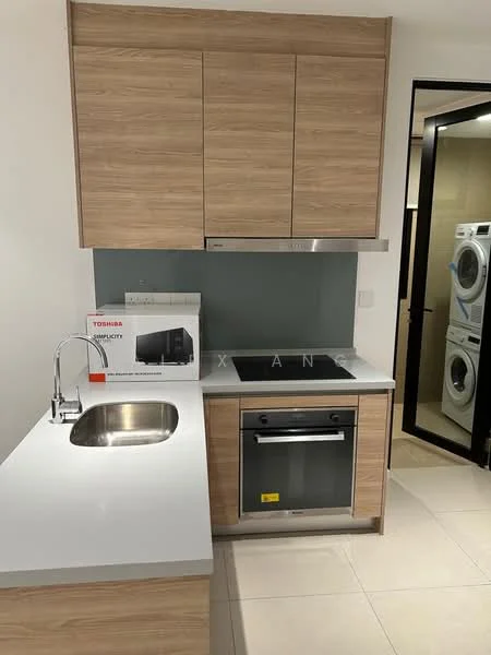 Kitchen features: single-bowl stainless-steel sink, chrome pull-down faucet, grey laminate cabinetry, built-in oven, stainless-steel range hood, white quartz countertop, grey tile backsplash, microwave, recessed downlights, ceramic tile flooring; style: modern.