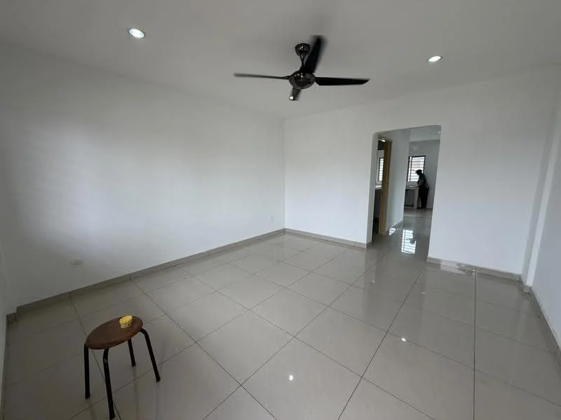Living features: white painted walls, glossy ceramic tile flooring, 5-blade ceiling fan with light, recessed downlights, single small wooden stool, open layout to adjacent room, large windows for natural light; style: modern.
