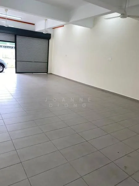 Room features: white painted walls, grey tiled flooring, ceiling with exposed beams, 2 ceiling fans, roller shutter door, large open space, natural light from windows, no visible furniture; style: modern.
