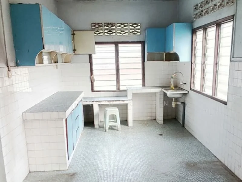 Kitchen features: blue cabinetry, white tiled walls, grey countertop, single-bowl stainless-steel sink, chrome faucet, window with horizontal slats, floor-to-ceiling windows, grey vinyl flooring, built-in table, stool.