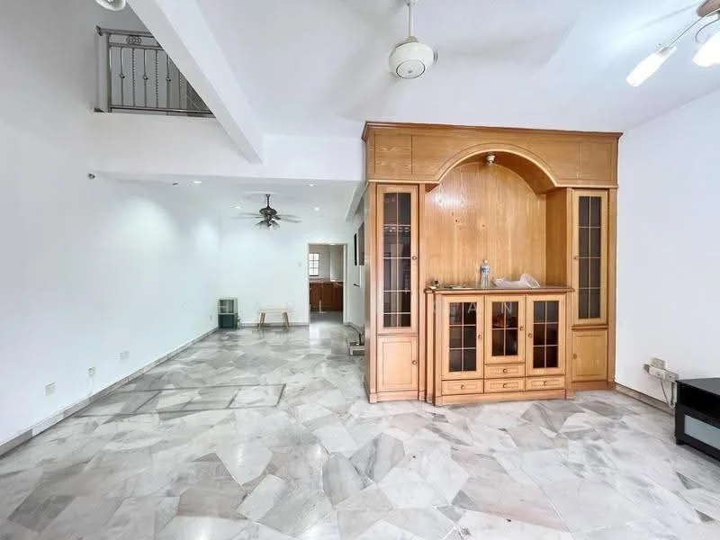 Living features: marble flooring, white painted walls, ceiling fan, built-in wooden cabinet with glass doors, recessed lighting, open layout, large windows for natural light, neutral color palette; style: modern. Kitchen features: open kitchen layout, wood cabinetry, countertop, unknown appliances; style: modern.