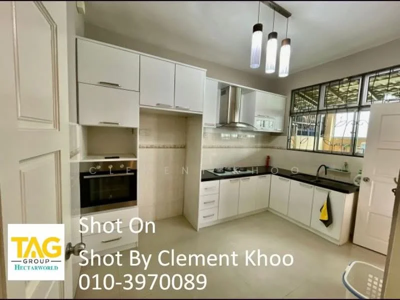 Kitchen features: white cabinetry, black countertop, stainless-steel sink, chrome pull-down faucet, built-in oven, freestanding range oven, ceramic tile flooring, recessed downlights, window with grid pattern, open shelving, tile backsplash, kitchen island, hood range, two-tone cabinetry; style: modern.