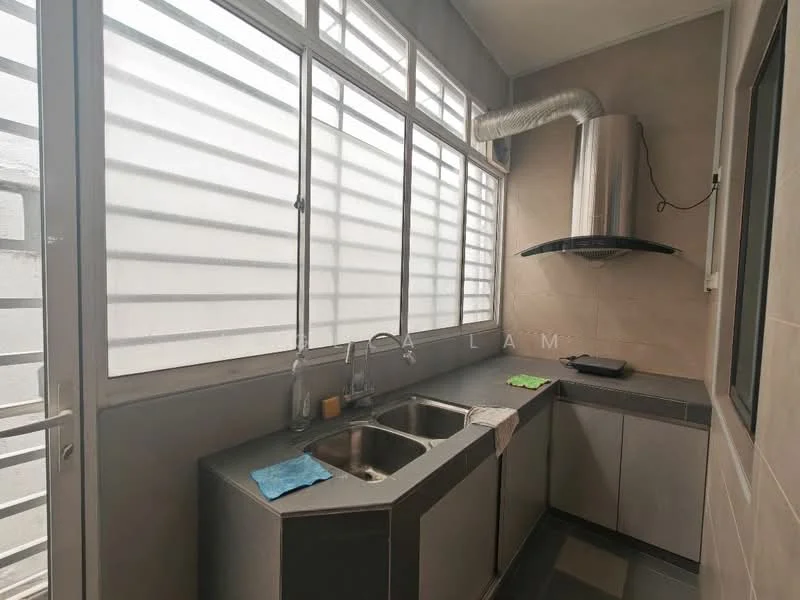 Kitchen features: double-bowl stainless-steel sink, chrome pull-down faucet, black granite countertop, grey cabinetry, stainless-steel range hood, wall-mounted exhaust duct, large windows with horizontal slats, tile flooring, grey tiled walls; style: modern.
