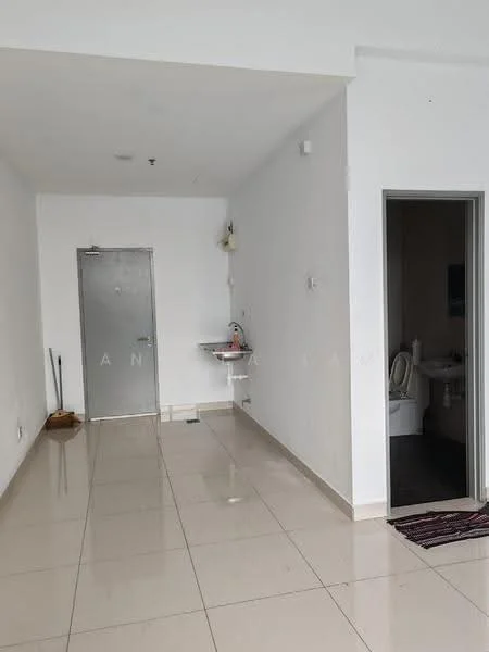 Room features: white painted walls, glossy ceramic tile flooring, single door, metal door, wall-mounted sink, toilet visible in adjacent room, neutral color scheme, no visible furniture or decor; style: modern.