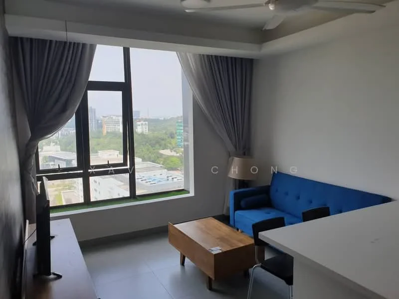 Living features: blue fabric sofa, wood coffee table, TV console, floor-to-ceiling windows, sheer curtains, ceiling fan, light grey walls, grey tile flooring; style: modern; view: city.
