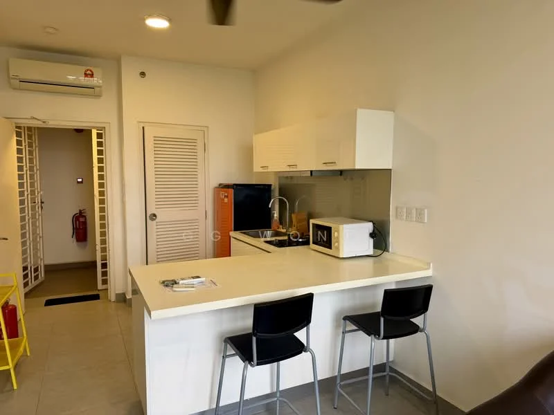 Kitchen features: white cabinetry, black countertop, stainless-steel fridge, built-in microwave, single-bowl stainless-steel sink, chrome pull-down faucet, glass backsplash, 2 bar stools, wall-mounted split AC, tile flooring, recessed downlights; style: modern.