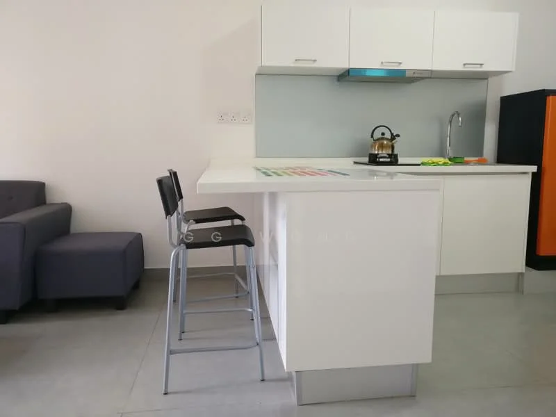 Kitchen features: white cabinetry, stainless-steel sink, chrome pull-down faucet, white countertop, grey tiled backsplash, built-in stove, kettle on countertop, bar stool seating, grey sofa in background, grey floor tiles; style: modern.