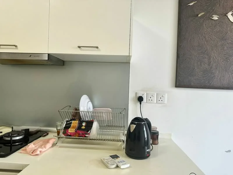 Kitchen features: white cabinetry, stainless-steel gas hob, stainless-steel range hood, white countertop, kettle in black, dish rack with dishes, remote control, decorative wall art, power outlets, glassware, kitchen towel; style: modern.