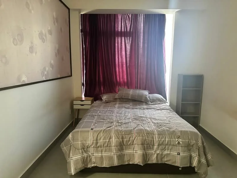 Bedroom features: queen-size bed, plaid bedding, purple curtains, nightstand, bookshelf, grey tiled flooring, wall art with abstract pattern, large window; style: modern.