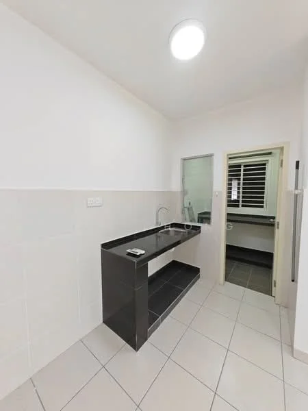 Laundry features: black granite countertop, single-bowl stainless-steel sink, chrome faucet, white tiled walls, light grey tiled flooring, open shelving below countertop, window with horizontal slats, light fixture on ceiling; style: modern.