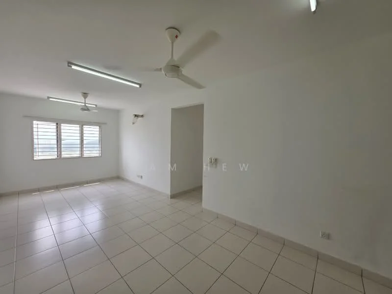 Room features: white painted walls, tile flooring, 2 ceiling fans, 3-panel sliding windows, natural light from windows, light fixtures on ceiling.