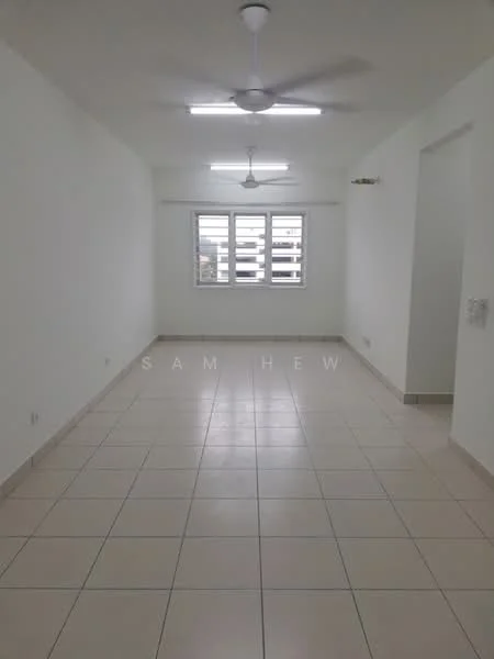 Living features: white painted walls, tile flooring, 5-blade ceiling fan, recessed LED downlights, floor-to-ceiling windows, window treatments, neutral color scheme, open layout; style: modern.