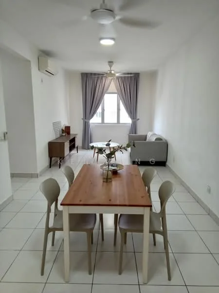 Dining features: white dining table, wooden tabletop, 4 dining chairs, ceiling fan, recessed downlights, white walls, tile flooring, curtains, window with view, sofa in background, sideboard, decorative plant; style: modern.