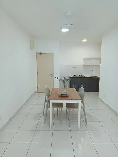 Dining features: white walls, tile flooring, 4-seater dining table, light wood dining chairs, recessed downlights, kitchen countertop with cabinets, stainless-steel gas hob, kitchen sink, open layout, neutral color scheme; style: modern.