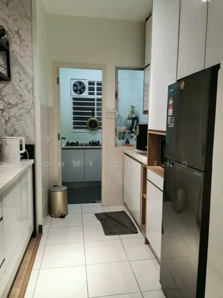 Kitchen features: white cabinetry with flat-panel doors, black refrigerator, stainless-steel sink, chrome faucet, white marble backsplash, ceramic tile flooring, recessed downlights, open shelving, kitchen door leading to utility area; style: modern. Utility features: window for natural light, white tiled walls, floor drain, sink area.