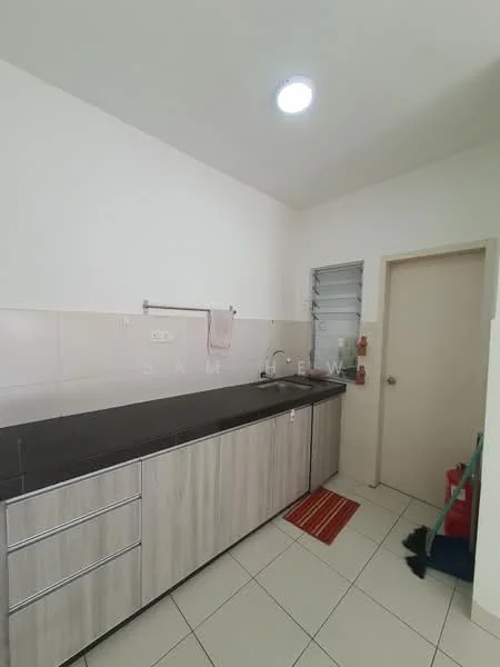 Kitchen features: black granite countertop, wooden cabinetry with grey finish, single-bowl stainless-steel sink, chrome faucet, white tiled backsplash, white painted walls, tile flooring, recessed ceiling light, window with metal grille, door leading to another room; style: modern.