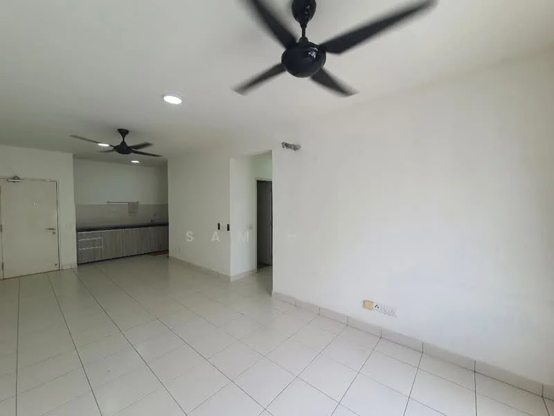 Room features: white painted walls, ceramic tile flooring, 2 ceiling fans, recessed downlights, open layout, kitchen area visible in background, doorway leading to another room, neutral color scheme; style: modern.
