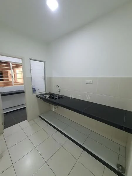 Kitchen features: black granite countertop, single-bowl stainless-steel sink, chrome pull-down faucet, white tiled walls, white tiled flooring, open shelving, wall-mounted cabinets, window with security bars, light fixture on ceiling; style: modern.