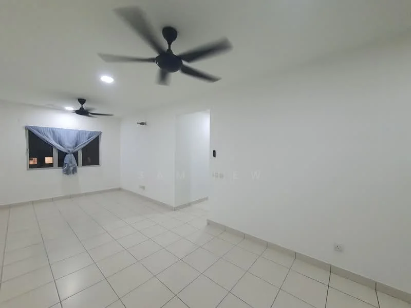 Room features: white painted walls, ceiling with recessed downlights, 2 ceiling fans, tiled flooring, window with sheer curtains, corner wall with no visible features, light switch on wall; style: modern.