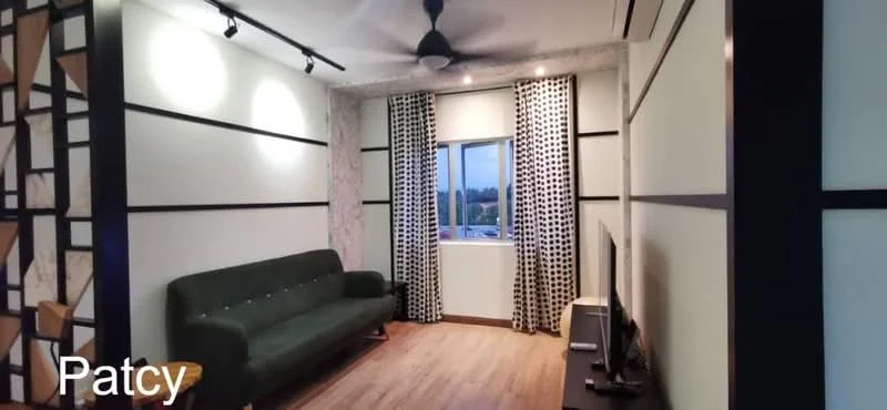 Living features: green fabric sofa, wooden flooring, white painted walls, black accent wall with geometric pattern, floor-to-ceiling window, sheer curtains, ceiling fan with light, TV console, wall-mounted TV, decorative wall paneling; style: modern; view: city.