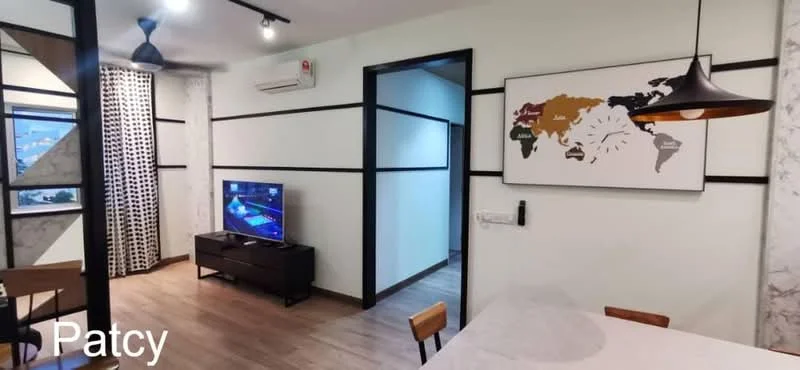 Living features: 5-blade ceiling fan with light, wall-mounted TV, TV console in black, wooden flooring, recessed downlights, white painted walls, black accent wall, large window with city view, curtains with geometric pattern, dining table with wooden chairs; style: modern; view: city. Room features: white painted walls, doorway leading to another room, light switch.