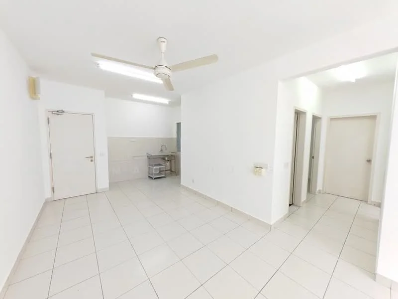 Room features: white painted walls, white ceiling, tile flooring, ceiling fan, multiple doorways, kitchen area visible, fluorescent lighting, open layout; style: modern.