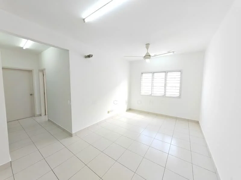 Room features: white painted walls, tile flooring, ceiling fan, window with horizontal slats, fluorescent lighting, corner room, natural light from window.