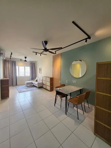 Living features: white painted walls, green accent wall, tile flooring, 5-blade ceiling fan with light, 2-blade ceiling fan, large window with sheer curtains, round mirror, dining table with 4 chairs, sofa, area rug; style: modern.