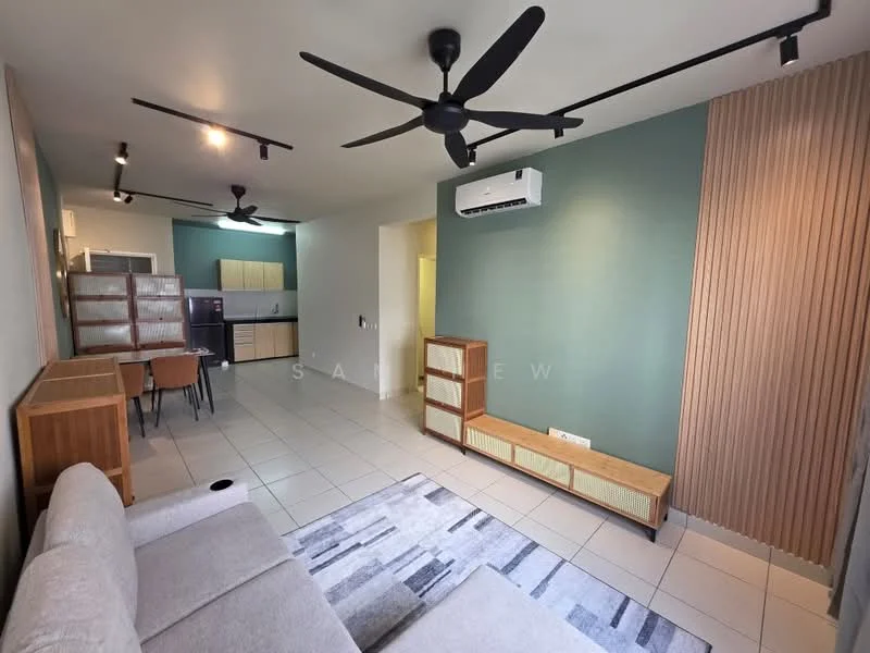 Living features: 3-seater fabric sofa in light grey, area rug with geometric pattern, wooden TV console with open shelving, wall-mounted TV, 2-blade ceiling fan, recessed LED downlights, cream painted walls, accent wall in green, white tiled flooring, wooden dining table with 4 chairs, air conditioning unit on wall, decorative wall paneling; style: modern.