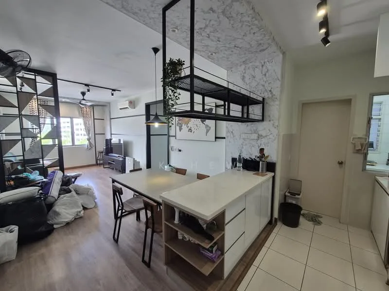 Kitchen features: white quartz countertop, stainless-steel sink, chrome pull-down faucet, white cabinetry, open shelving, built-in appliances, recessed downlights, marble accent wall, tile flooring, kitchen island with seating; style: modern. Living features: 3-seater fabric sofa in black, wall-mounted TV, open shelving unit, wooden flooring, large windows with sheer curtains, decorative plants; style: modern; view: city.