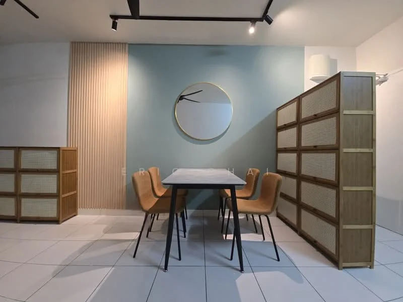 Dining features: rectangular dining table with marble top, 4 beige upholstered dining chairs, round wall mirror, wooden sideboard with rattan panels, light grey accent wall, wood paneling on one wall, recessed ceiling lights, white tiled flooring; style: modern.