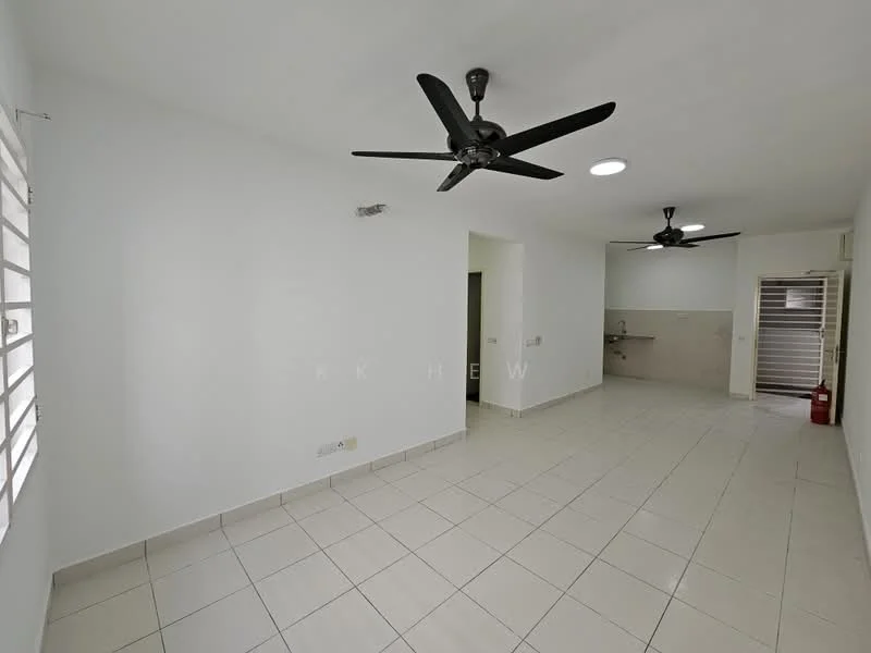 Living features: white painted walls, ceramic tile flooring, 2 ceiling fans, recessed downlights, sliding window with horizontal slats, fire extinguisher, open layout to kitchen, neutral color scheme; style: modern.