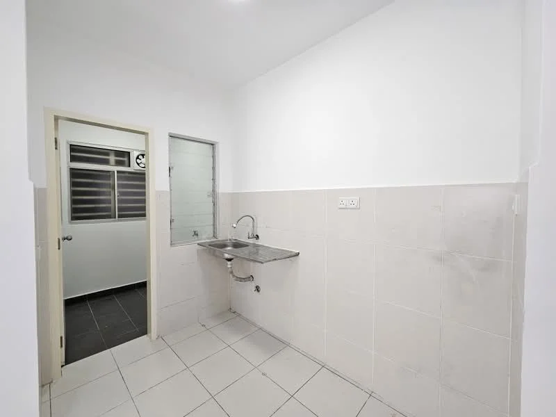 Laundry features: white painted walls, light grey tiled flooring, stainless-steel sink, chrome faucet, window with horizontal slats, wall-mounted tap, drainage outlet, empty wall space; style: modern.
