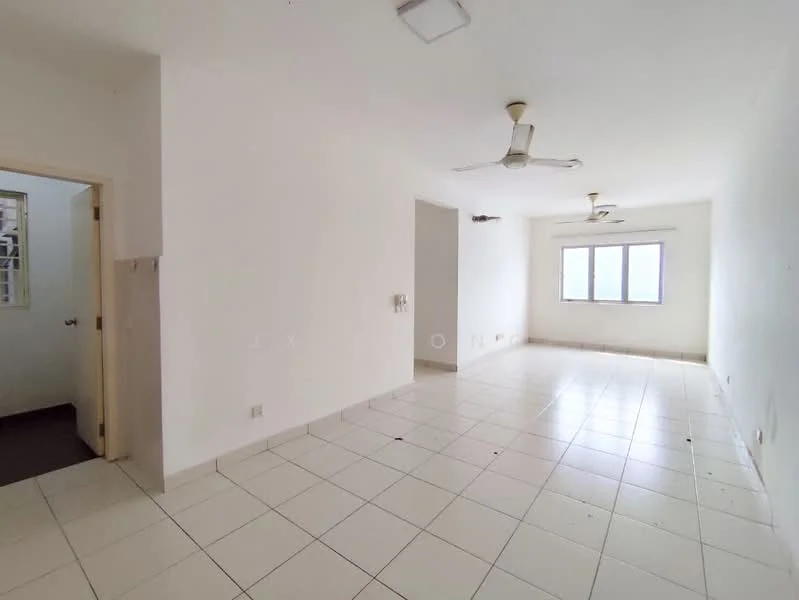 Room features: white painted walls, white ceiling, tile flooring, 3-blade ceiling fan, window with no treatments, corner window, light switch on wall, power outlet on wall.