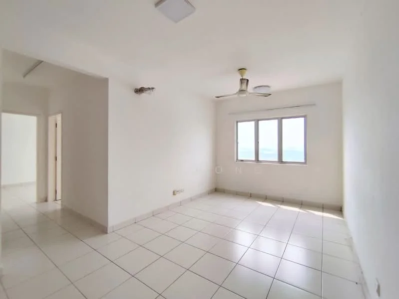 Room features: white painted walls, tile flooring, ceiling fan, 2 ceiling lights, floor-to-ceiling window, window with city view; view: city.