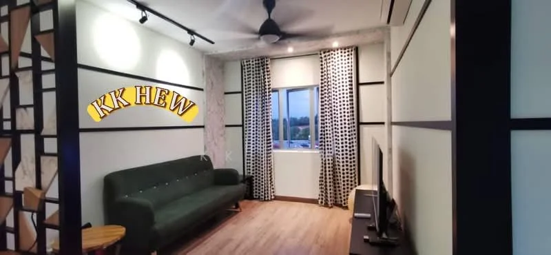 Living features: green fabric sofa, wooden flooring, floor-to-ceiling window, black and white patterned curtains, wall-mounted TV, ceiling fan, decorative wall paneling, recessed lighting; style: modern; view: city.