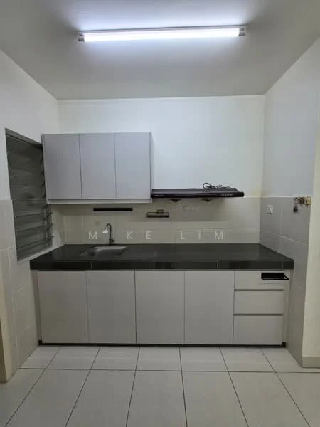 Kitchen features: grey flat-panel cabinets, black granite countertop, single-bowl stainless-steel sink, chrome pull-down faucet, wall-mounted shelf, tile backsplash, white painted walls, ceramic tile flooring, fluorescent ceiling light; style: modern.