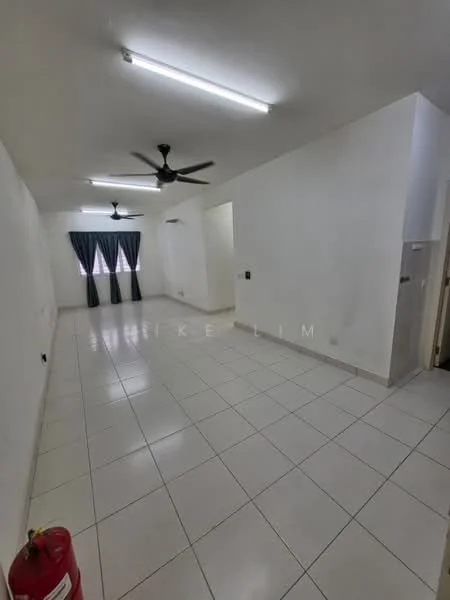 Living features: white painted walls, glossy white tile flooring, 2 ceiling fans, recessed LED downlights, dark blue curtains, fire extinguisher, open layout, neutral decor; style: modern.